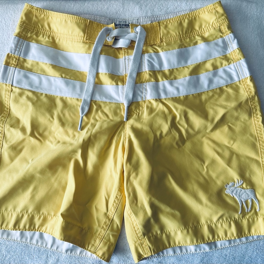 Preowned Abercrombie & Fitch Men’s Swimming Trunks Yellow White Logo Sz L…